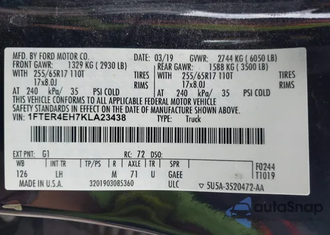 2019 Ford Ranger Xlt из США, поврежденный, VIN 1FTER4EH7KLA23438